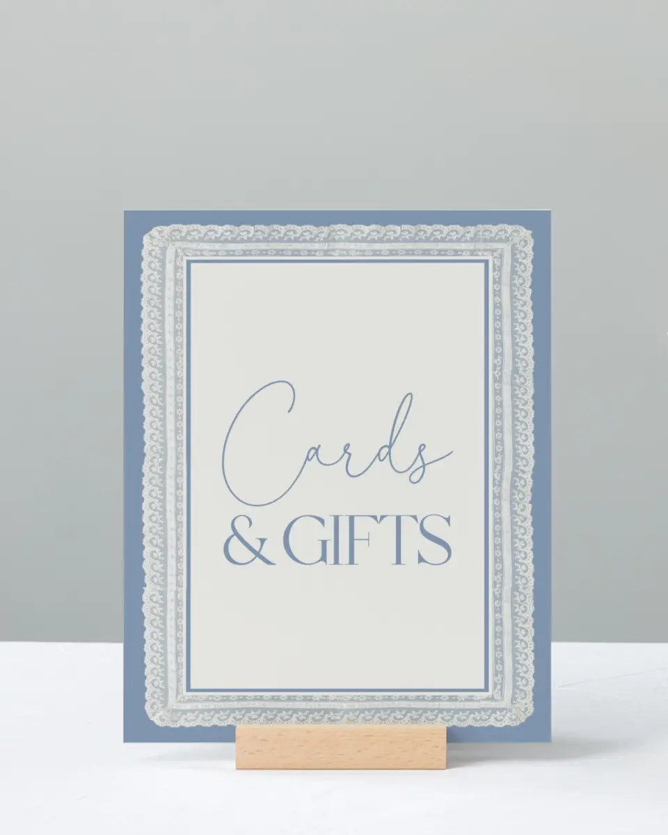 This is a 8" x 10" Cards & Gifts Sign called Laced in Love printed in full color