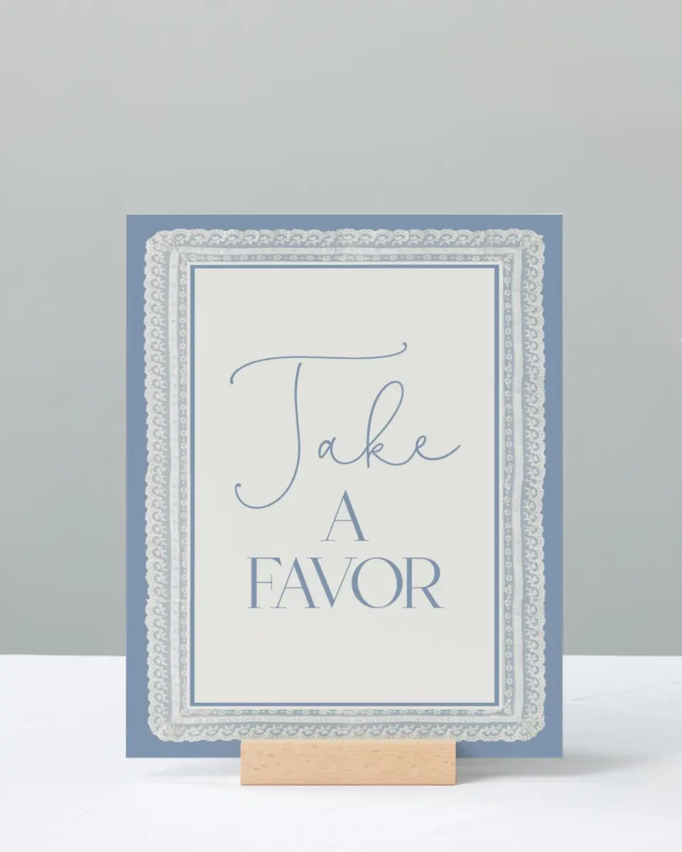 This is a 8" x 10" Favor Sign called Laced in Love printed in full color