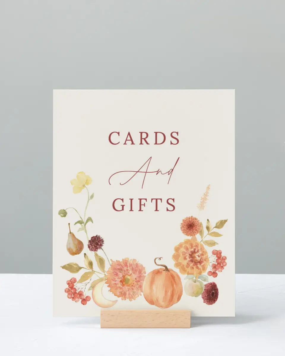 This is a 8" x 10" Cards & Gifts Baby Shower Sign called Harvest Moon printed in full color with Silver foil