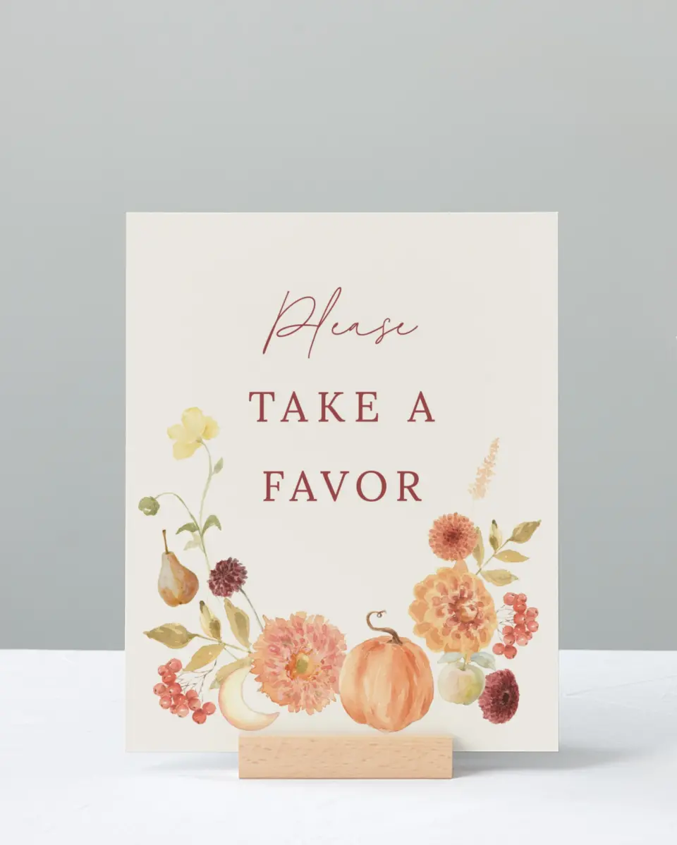 This is a 8" x 10" Take a Favor Baby Shower Sign called Harvest Moon printed in full color with Gold foil