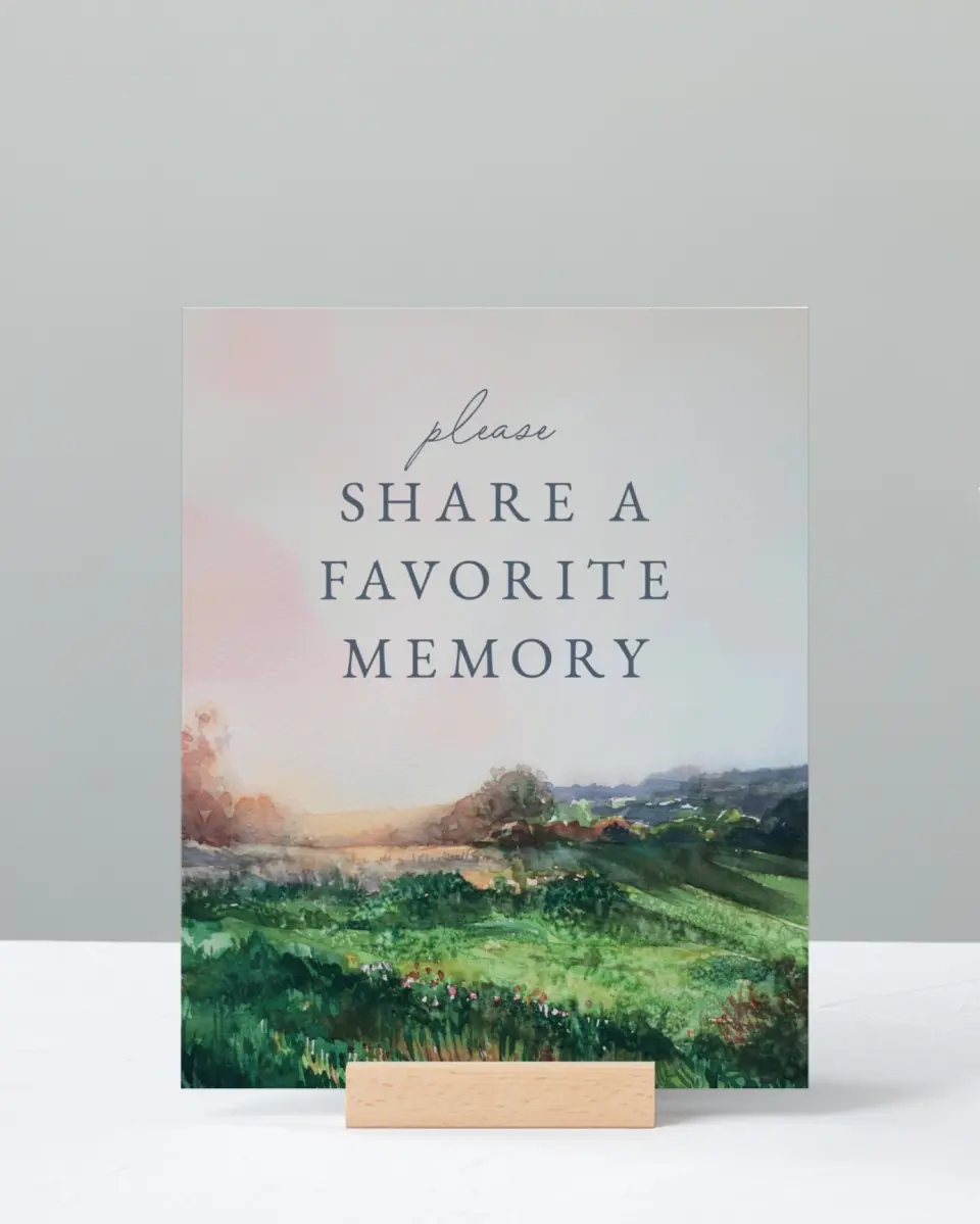 This is a 8" x 10" Memorial Sign called Peaceful Horizon printed in full color with Rose Gold foil