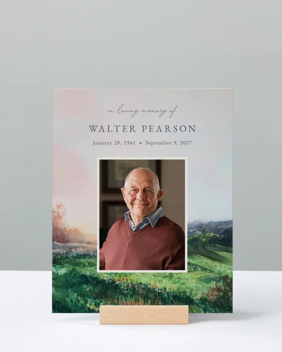 This is a 8" x 10" Memorial Sign called Peaceful Horizon printed in full color with Rose Gold foil