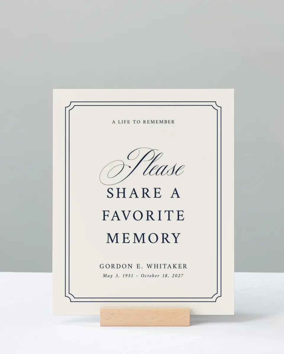 This is a 8" x 10" Memorial Sign called Framed Remembrance printed in full color with Rose Gold foil