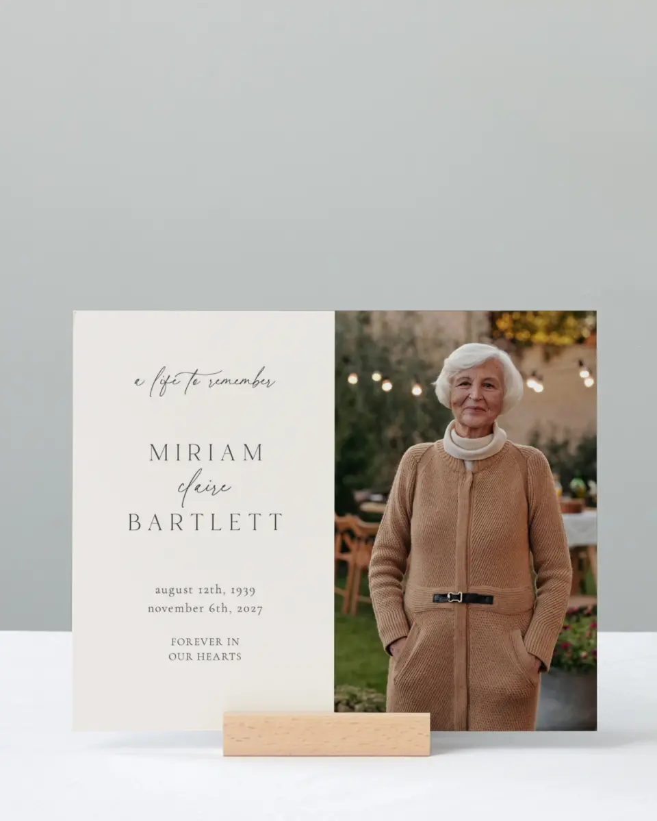 This is a 8" x 10" Memorial Sign called Cherished Life printed in full color with Rose Gold foil
