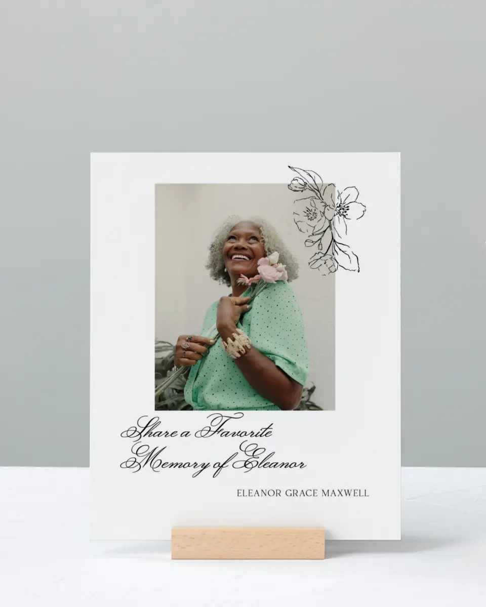 This is a 8" x 10" Memorial Sign called Peaceful Petals printed in full color with Rose Gold foil
