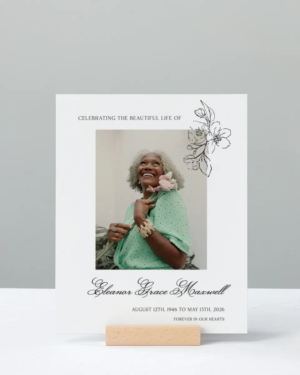 This is a 8" x 10" Memorial Sign called Peaceful Petals printed in full color with Rose Gold foil