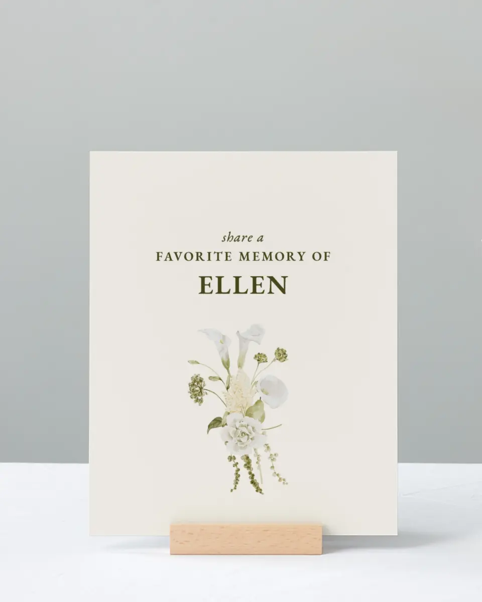 This is a 8" x 10" Memorial Sign called Lovely Lilies printed in full color with Rose Gold foil