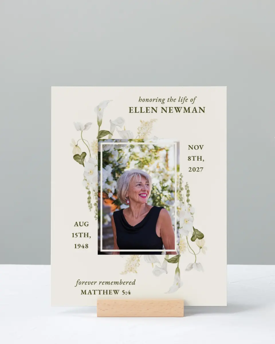 This is a 8" x 10" Memorial Sign called Lovely Lilies printed in full color with Rose Gold foil