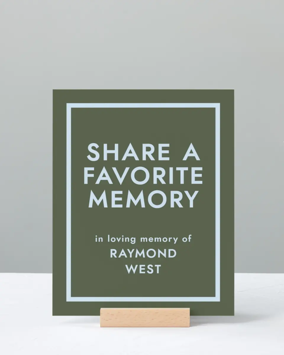 This is a 8" x 10" Memorial Sign called Typed Memories printed in full color with Rose Gold foil