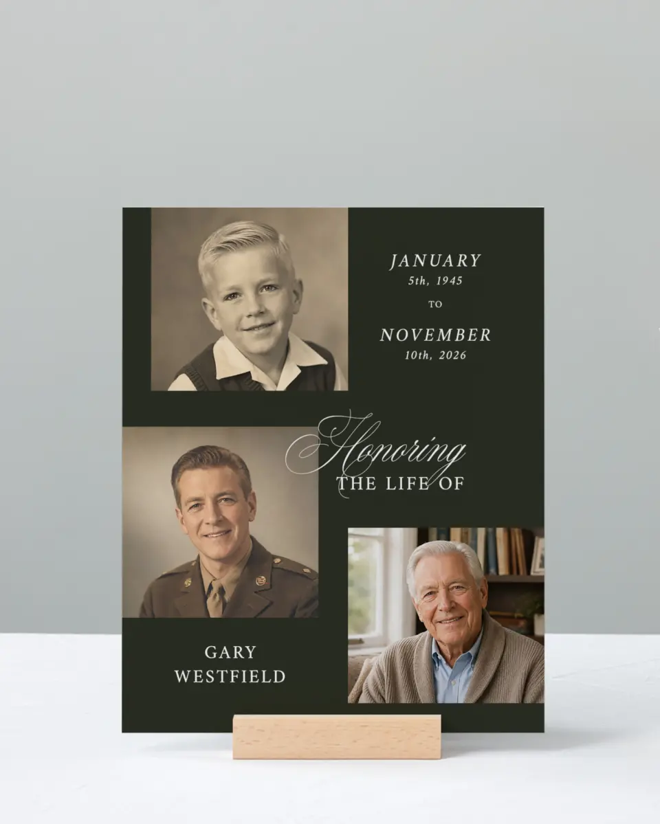This is a 8" x 10" Memorial Sign called Leaving a Legacy printed in full color with Rose Gold foil