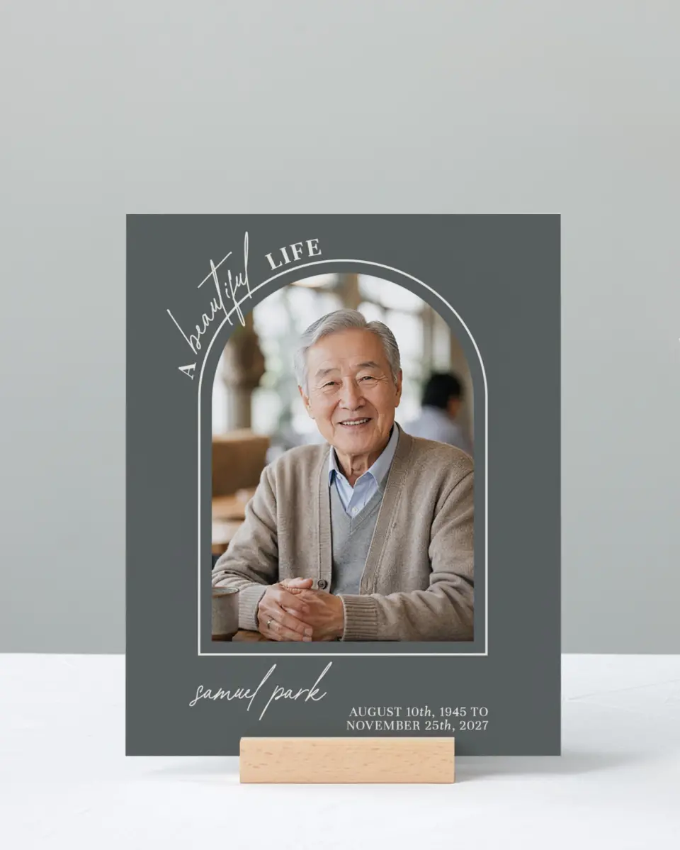 This is a 8" x 10" Memorial Sign called Remembered Forever printed in full color with Rose Gold foil