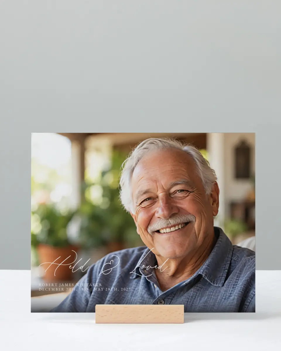 This is a 8" x 10" Memorial Sign called Held & Loved printed in full color with Rose Gold foil