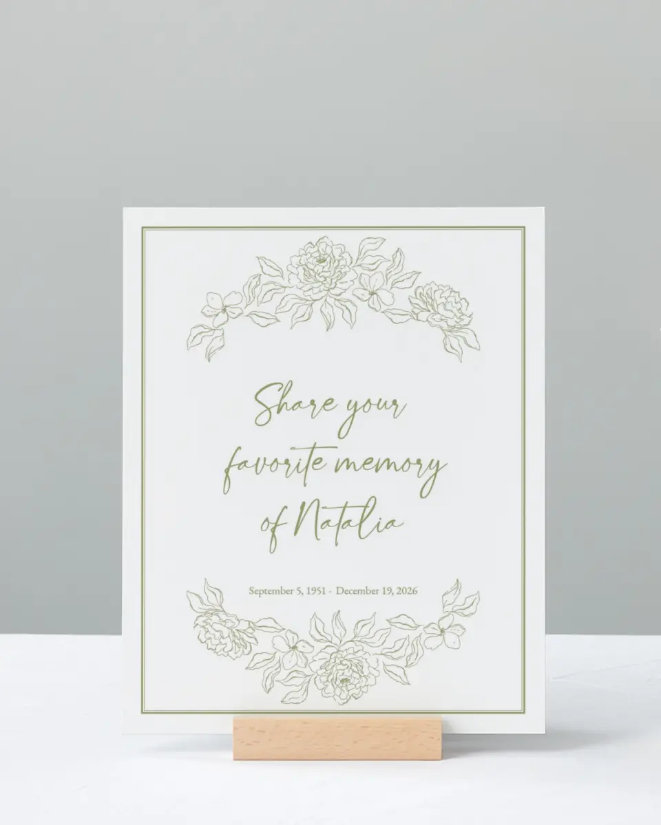 This is a 8" x 10" Memorial Sign called Forever Flourishing printed in full color with Rose Gold foil