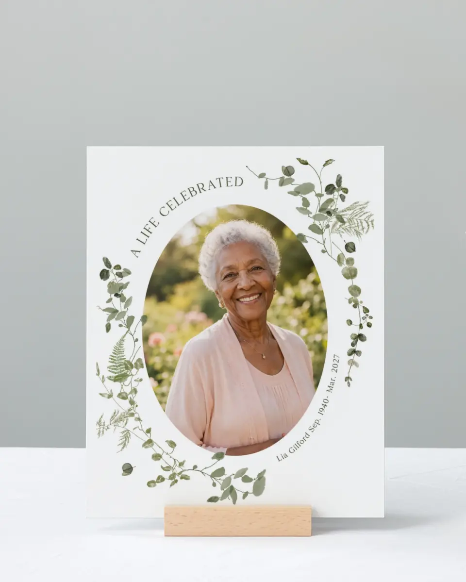 This is a 8" x 10" Memorial Sign called Life Legacy printed in full color with Rose Gold foil
