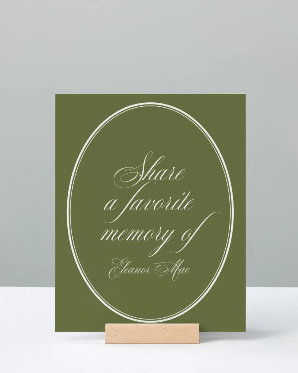 This is a 8" x 10" Memorial Sign called In Remembrance printed in full color with Rose Gold foil