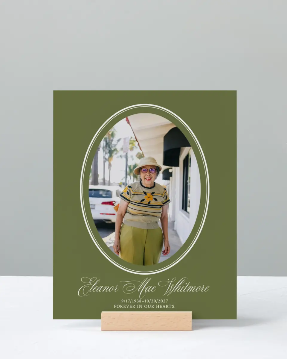 This is a 8" x 10" Memorial Sign called In Remembrance printed in full color with Rose Gold foil