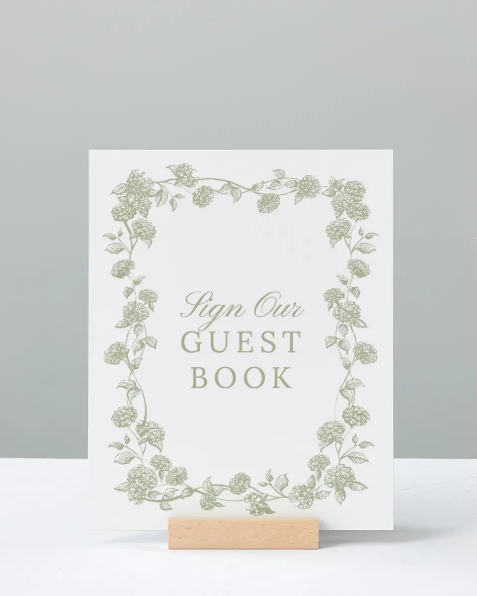 This is a 8" x 10" Guest Book Sign called Harmonious Hydrangea printed in full color