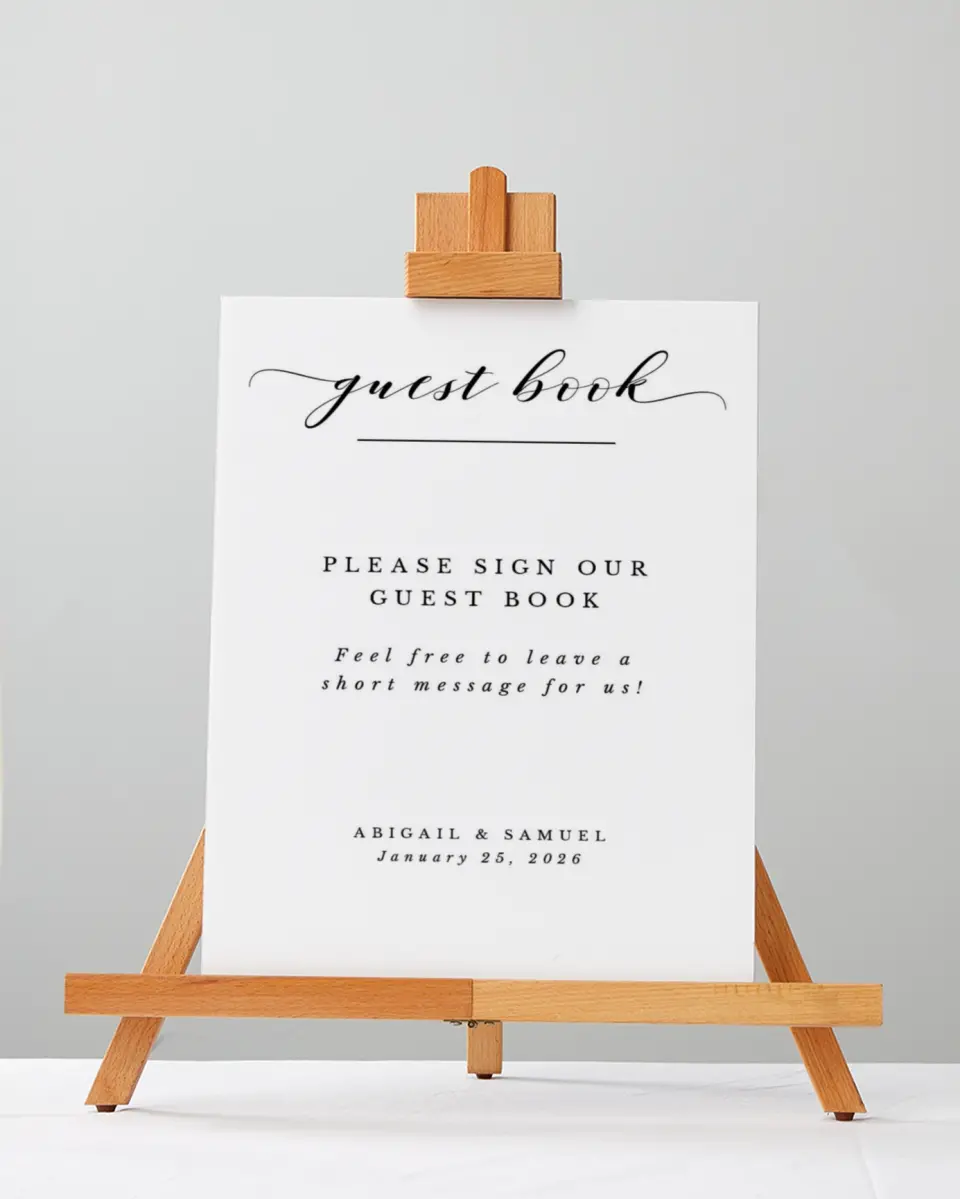 This is a 5" x 7" Guest Book Sign called Timeless Eloquence printed in full color with Silver foil