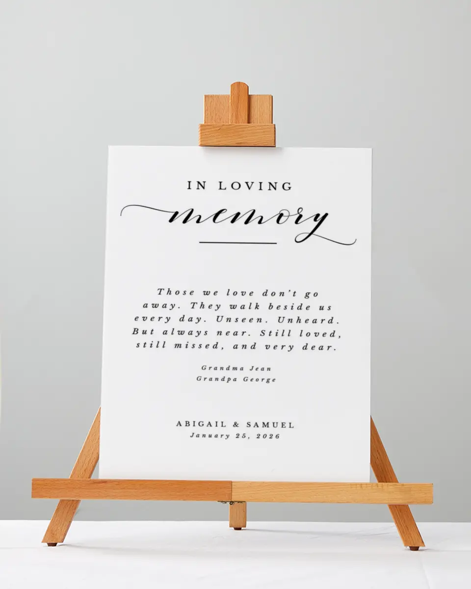 This is a 5" x 7" Loving Memory Sign called Timeless Eloquence printed in full color with Rose Gold foil