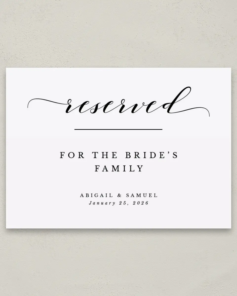 This is a 5" x 7" Reserved Seating Sign called Timeless Eloquence printed in full color with Silver foil