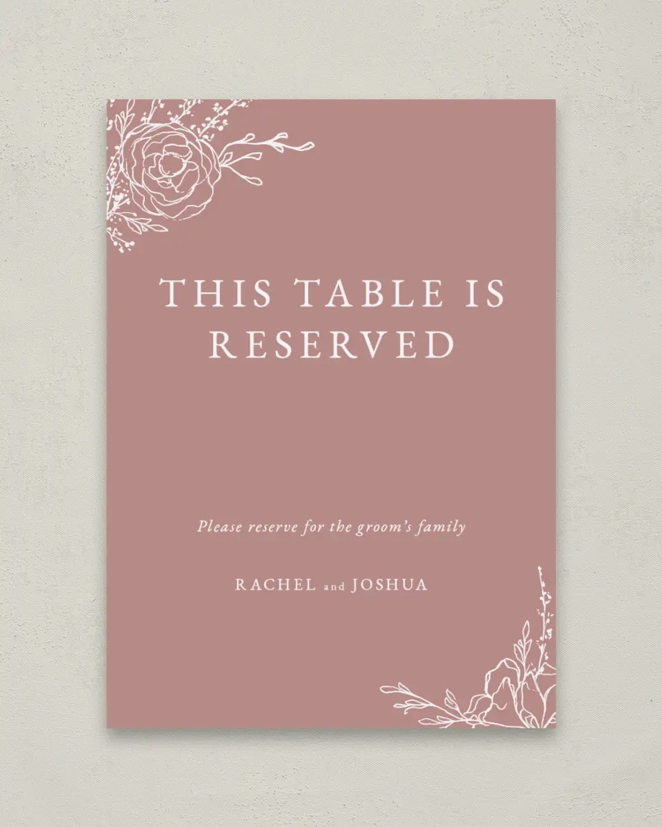 This is a 5" x 7" Reserved Seating Sign called Blooming Rose printed in full color with Rose Gold foil