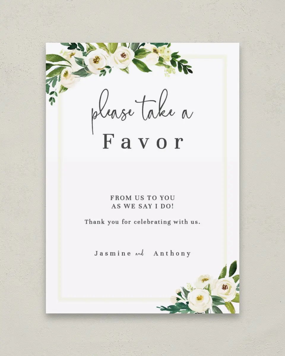 This is a 5" x 7" Favor Sign called Wedding Florals printed in full color