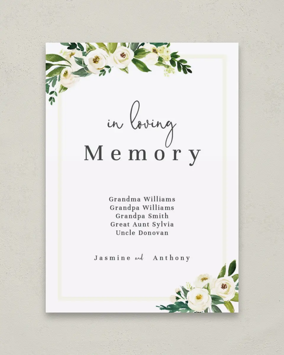 This is a 5" x 7" Loving Memory Sign called Wedding Florals printed in full color