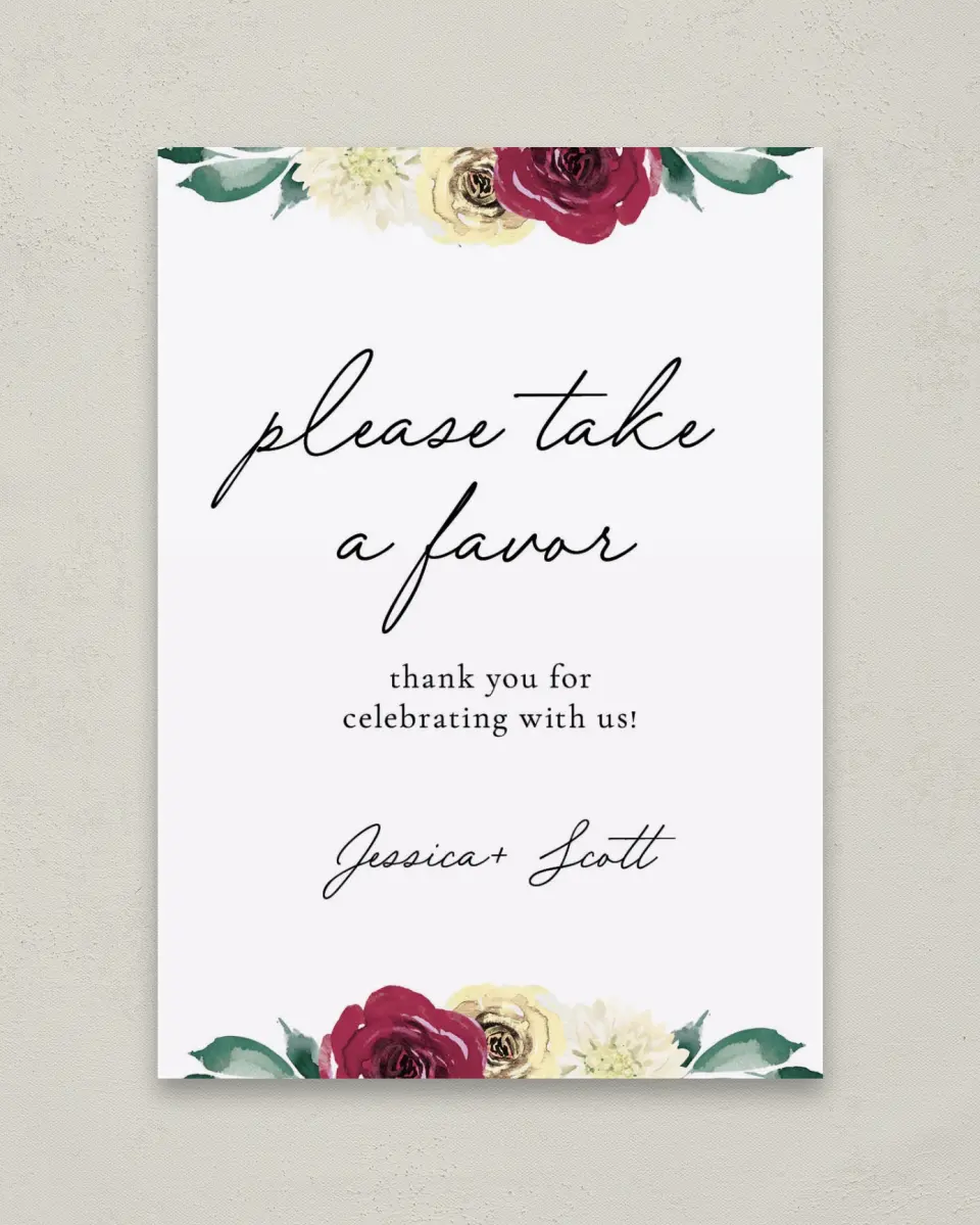 This is a 5" x 7" Favor Sign called Floral Touch printed in full color
