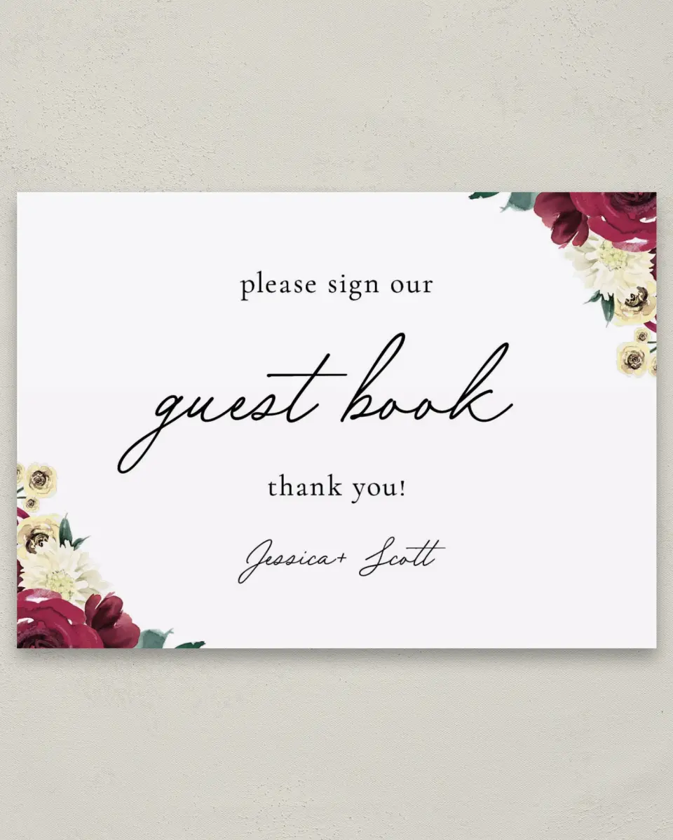 This is a 5" x 7" Guest Book Sign called Floral Touch printed in full color
