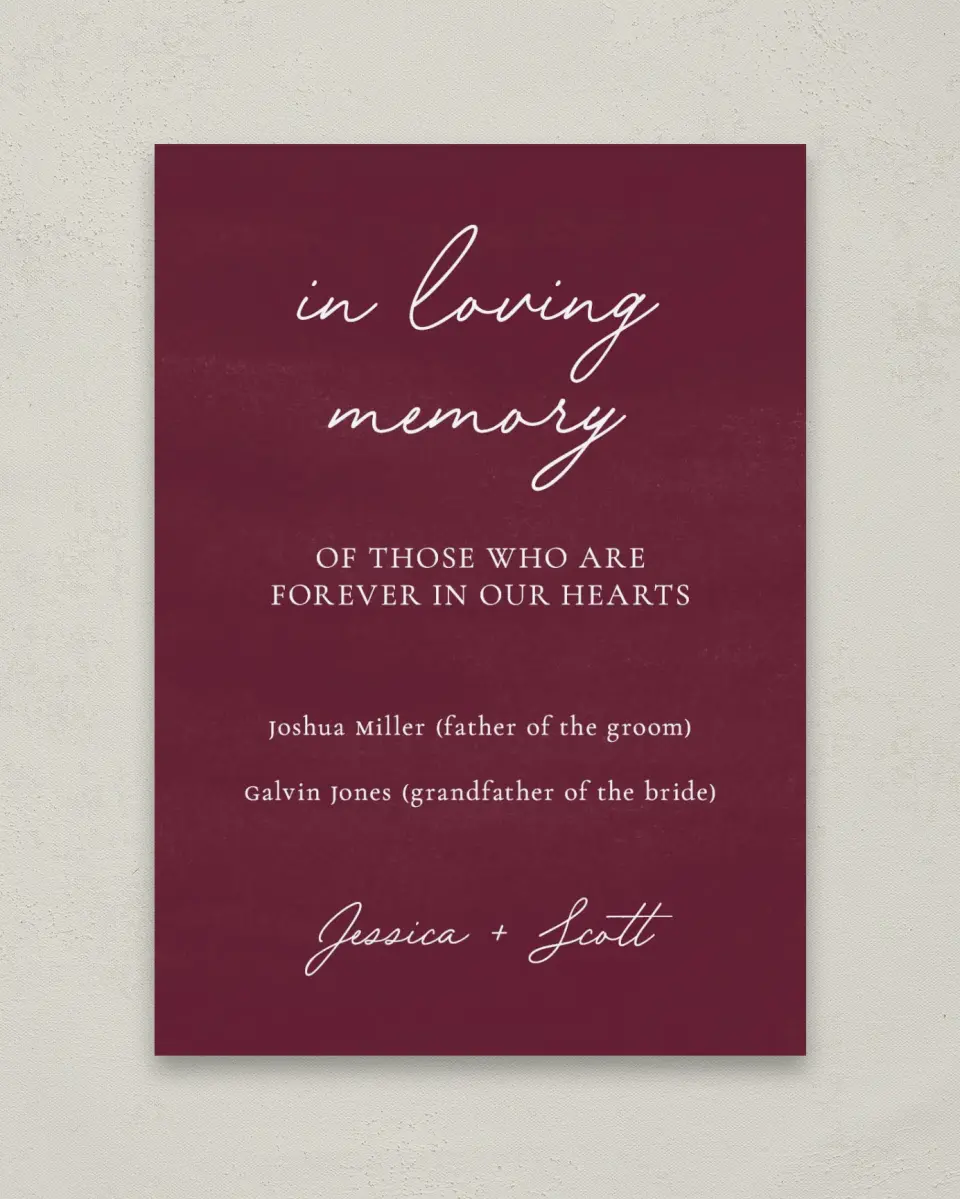 This is a 5" x 7" Loving Memory Sign called Floral Touch printed in full color with Rose Gold foil