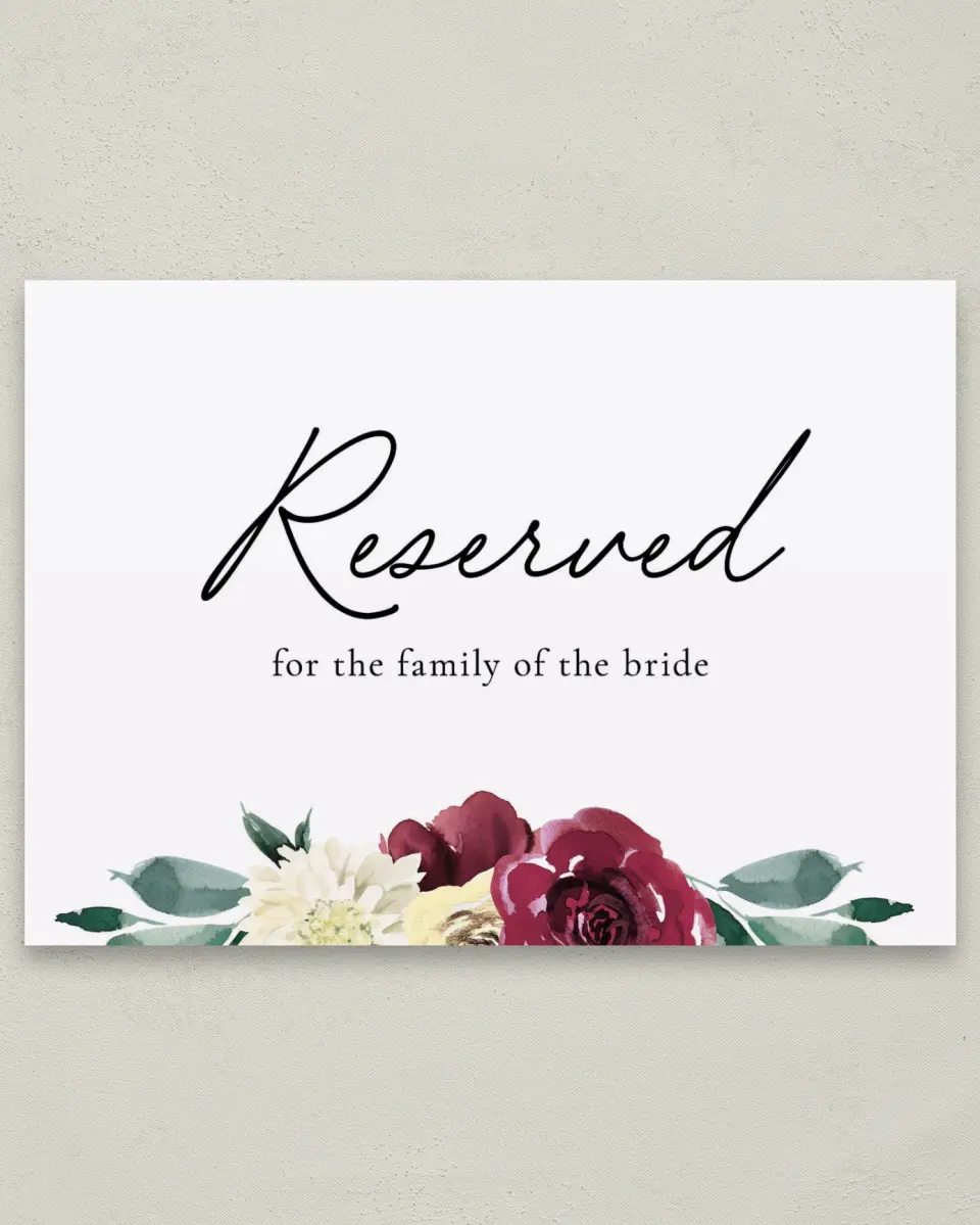 This is a 5" x 7" Reserved Seating Sign called Floral Touch printed in full color with Silver foil