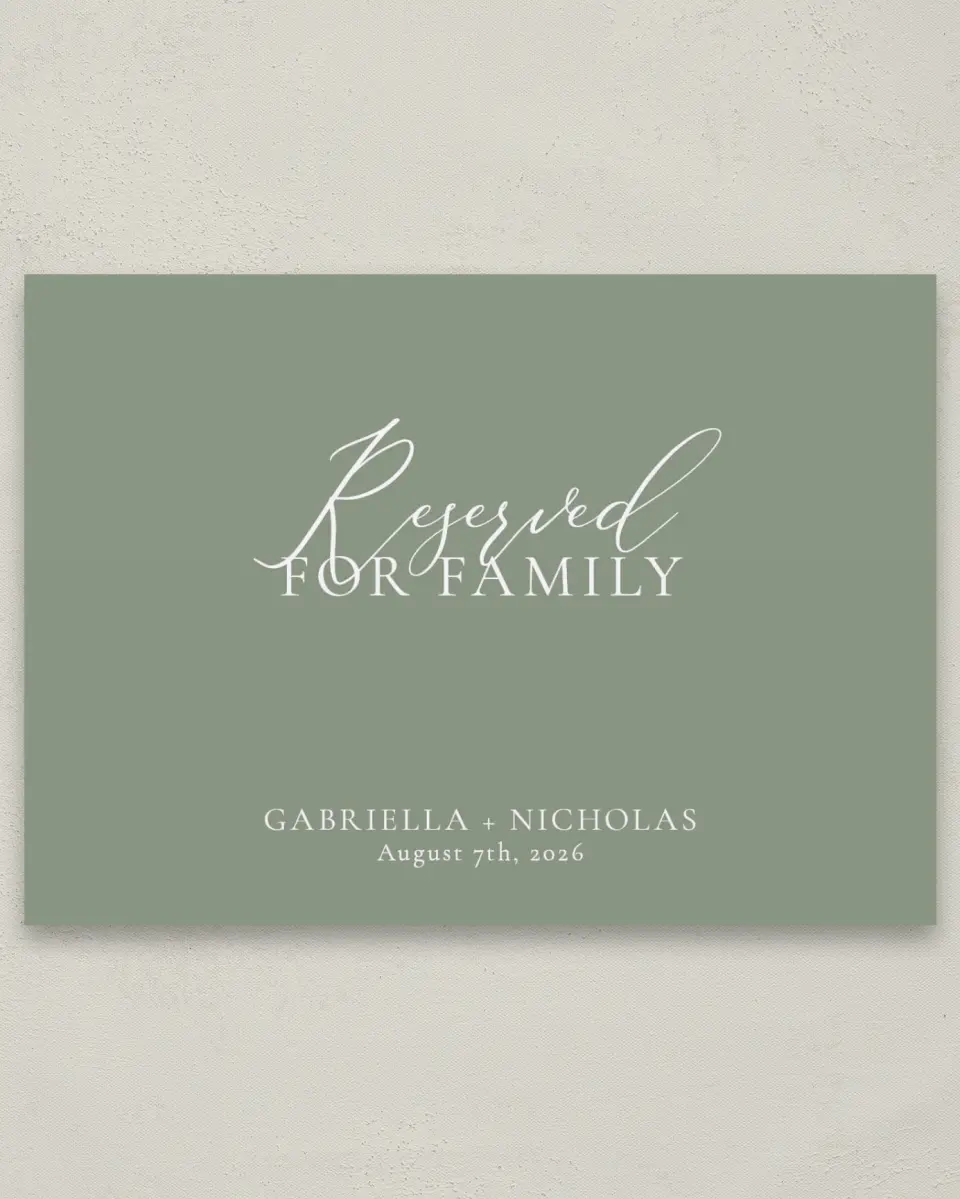 This is a 5" x 7" Reserved Seating Sign called Minimalist Type printed in full color with Silver foil