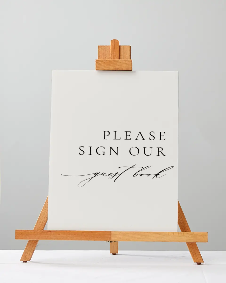 This is a 5" x 7" Guest Book Sign called Simply Elegant printed in full color with Silver foil