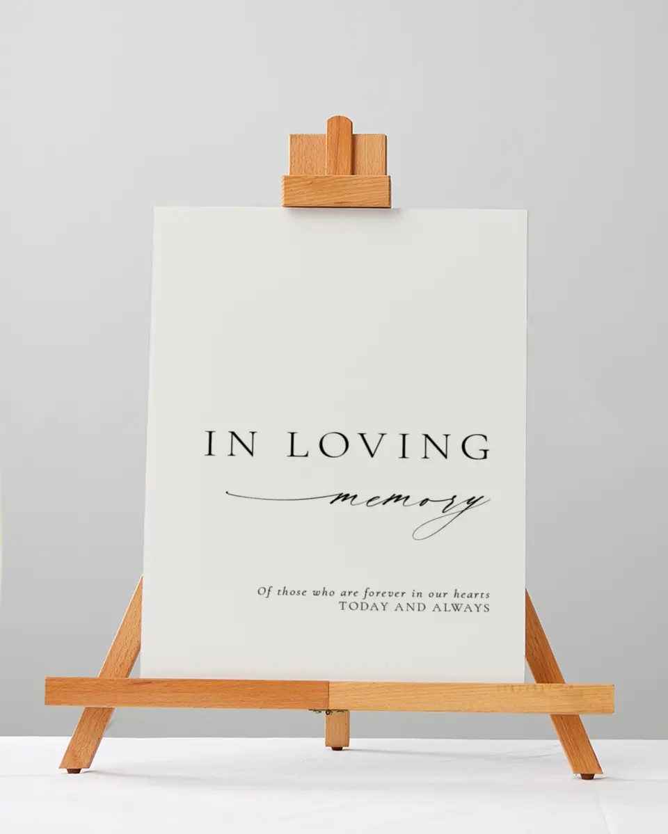 This is a 5" x 7" Loving Memory Sign called Simply Elegant printed in full color with Silver foil
