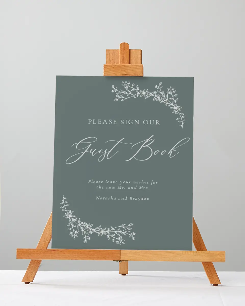This is a 5" x 7" Guest Book Sign called Timeless Order printed in full color with Silver foil