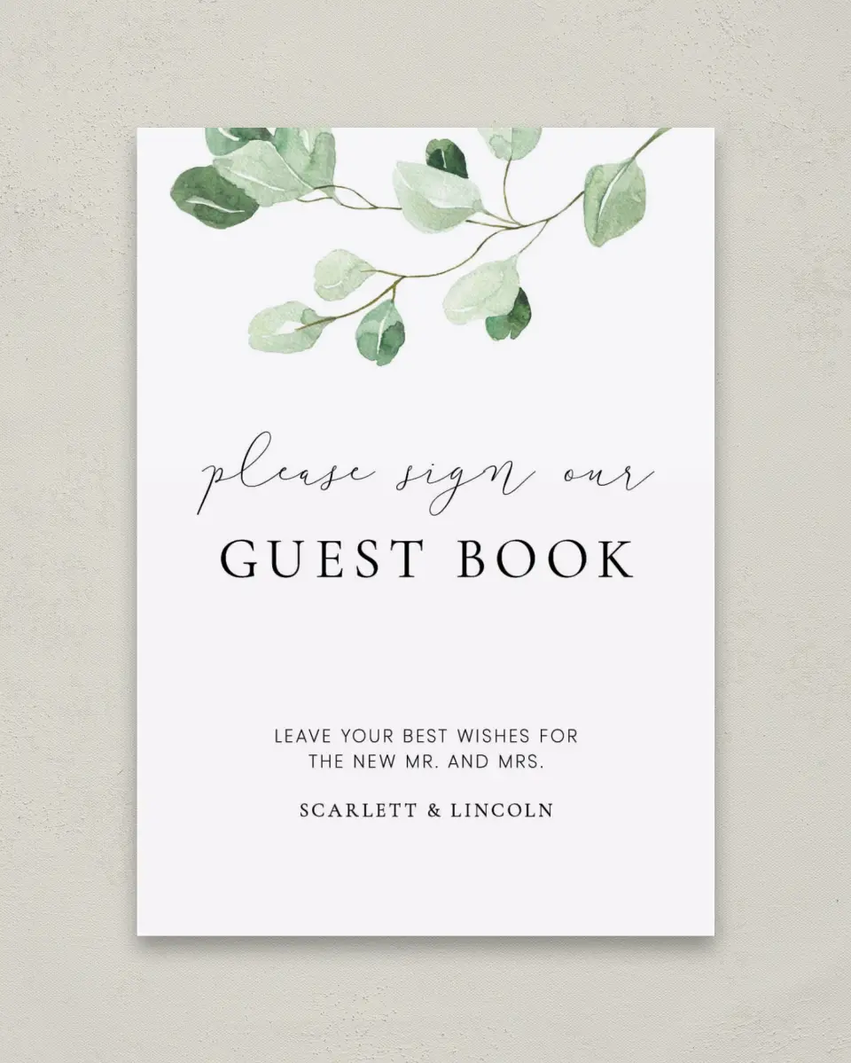 This is a 5" x 7" Guest Book Sign called Sweet Greenery printed in full color