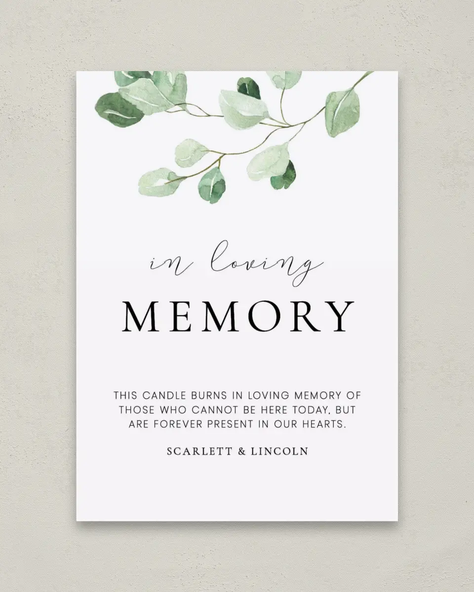 This is a 5" x 7" Loving Memory Sign called Sweet Greenery printed in full color with Gold foil