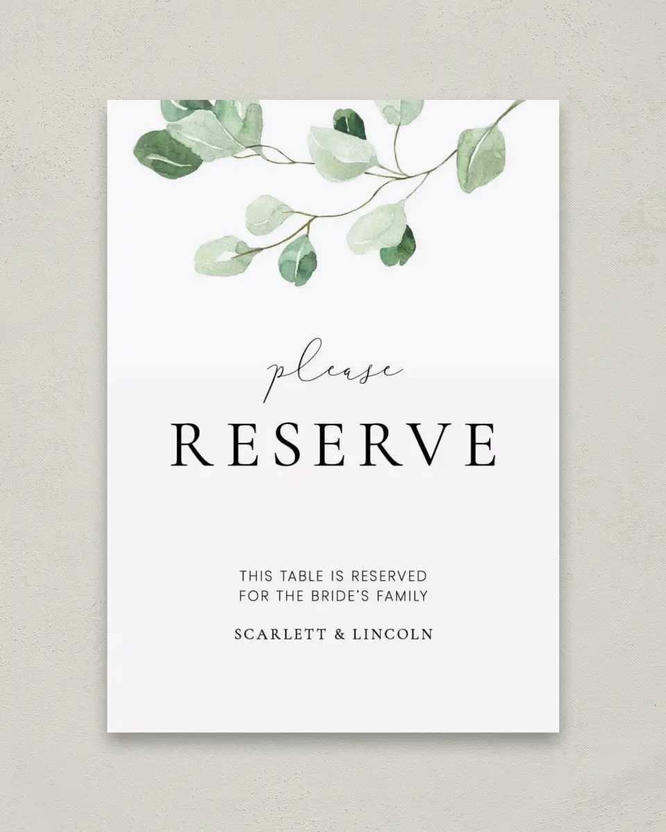 This is a 5" x 7" Reserved Seating Sign called Sweet Greenery printed in full color with Silver foil