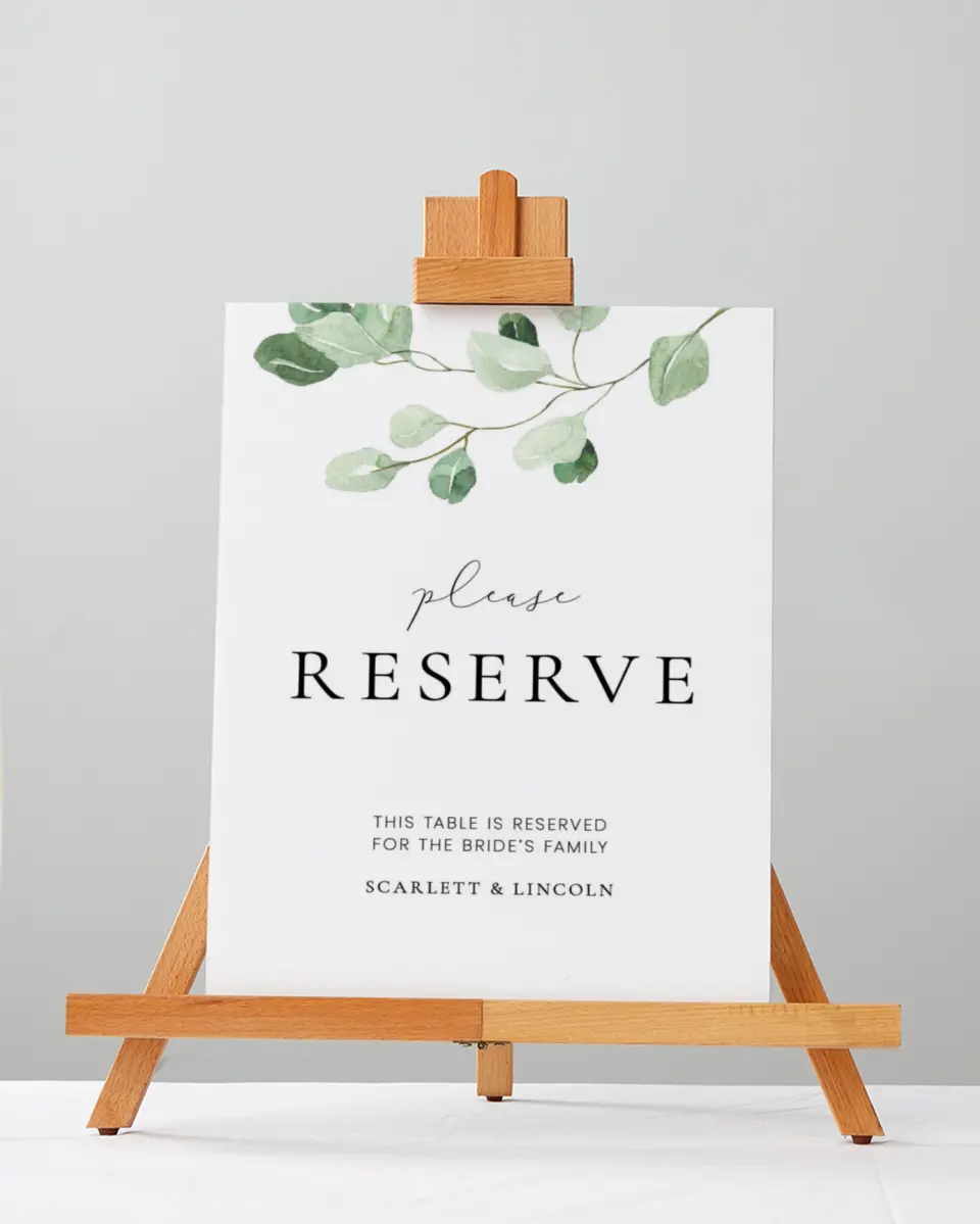 This is a 5" x 7" Reserved Seating Sign called Sweet Greenery printed in full color with Gold foil
