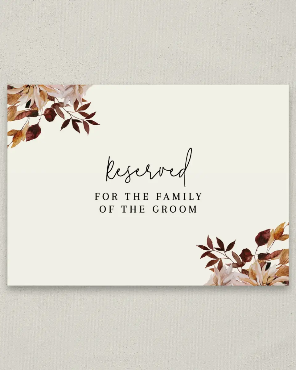 This is a 5" x 7" Reserved Seating Sign called Country Blooms printed in full color with Silver foil