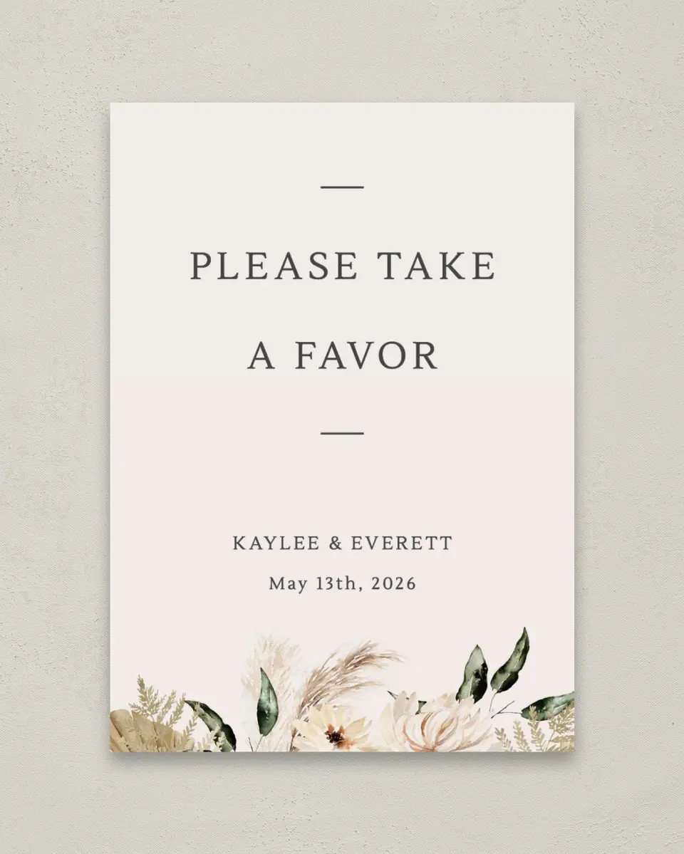 This is a 5" x 7" Favor Sign called Serene Flora printed in full color