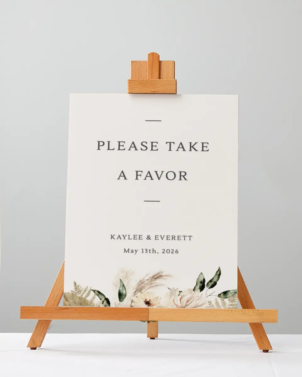 This is a 5" x 7" Favor Sign called Serene Flora printed in full color with Gold foil