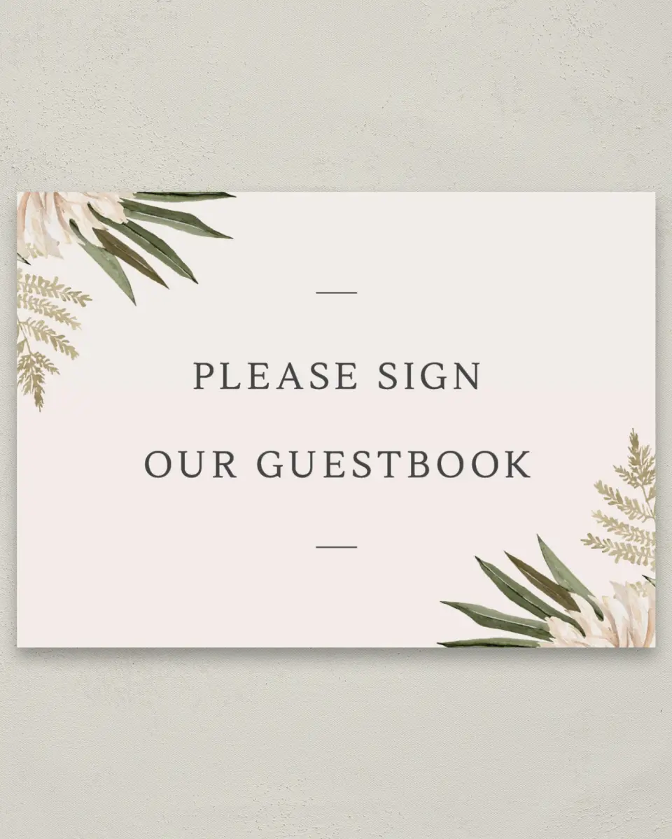 This is a 5" x 7" Guest Book Sign called Serene Flora printed in full color with Gold foil