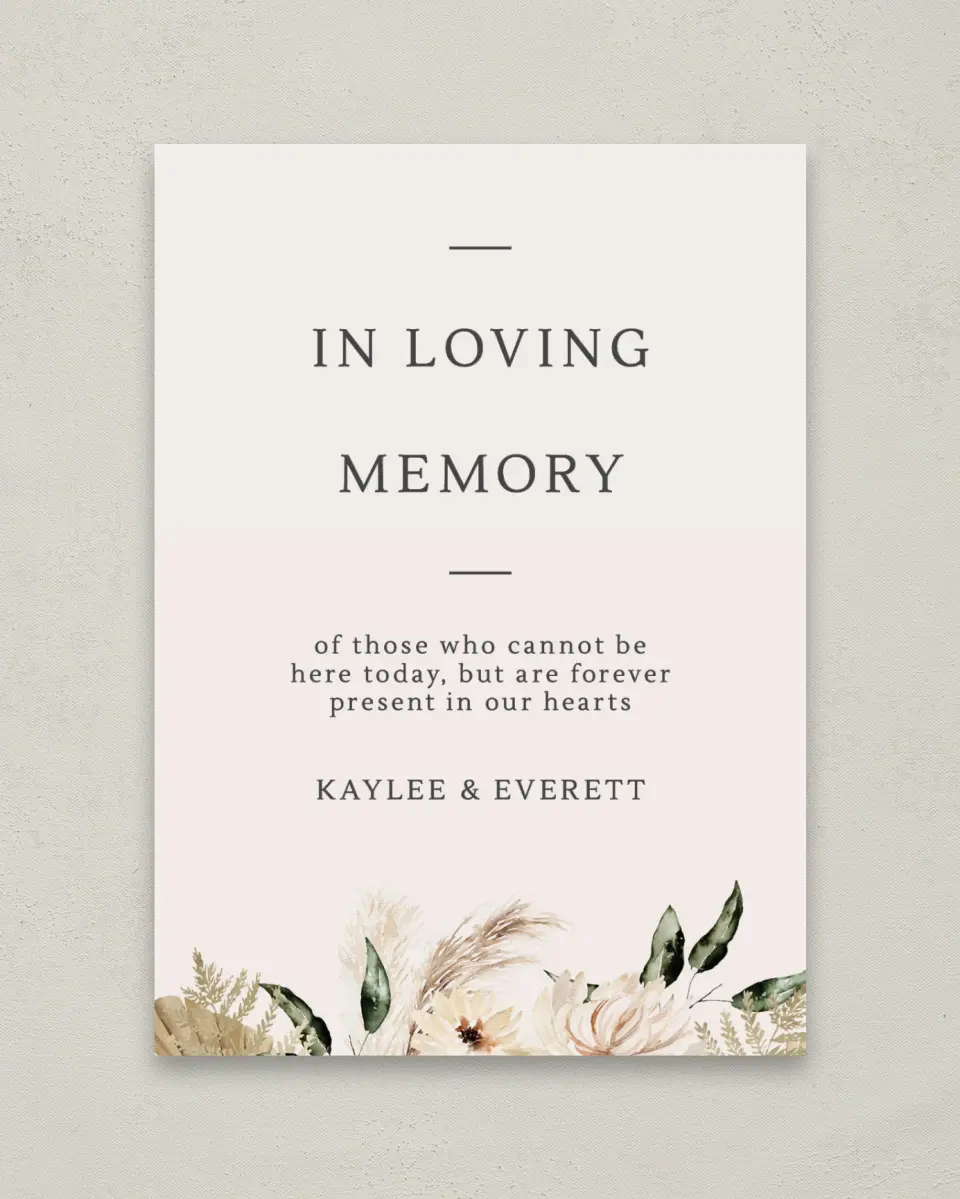 This is a 5" x 7" Loving Memory Sign called Serene Flora printed in full color with Rose Gold foil