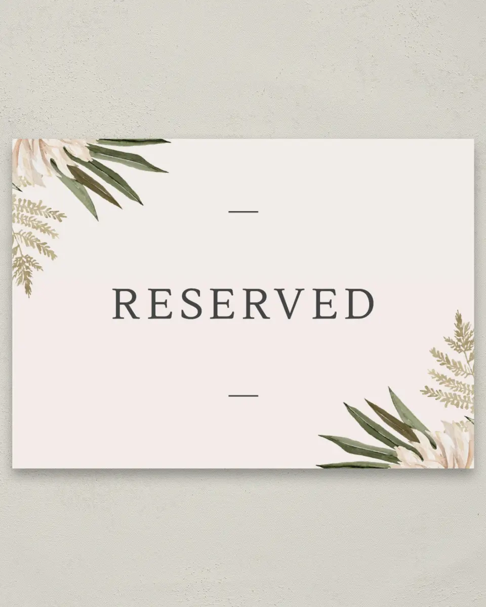 This is a 5" x 7" Reserved Seating Sign called Serene Flora printed in full color with Silver foil