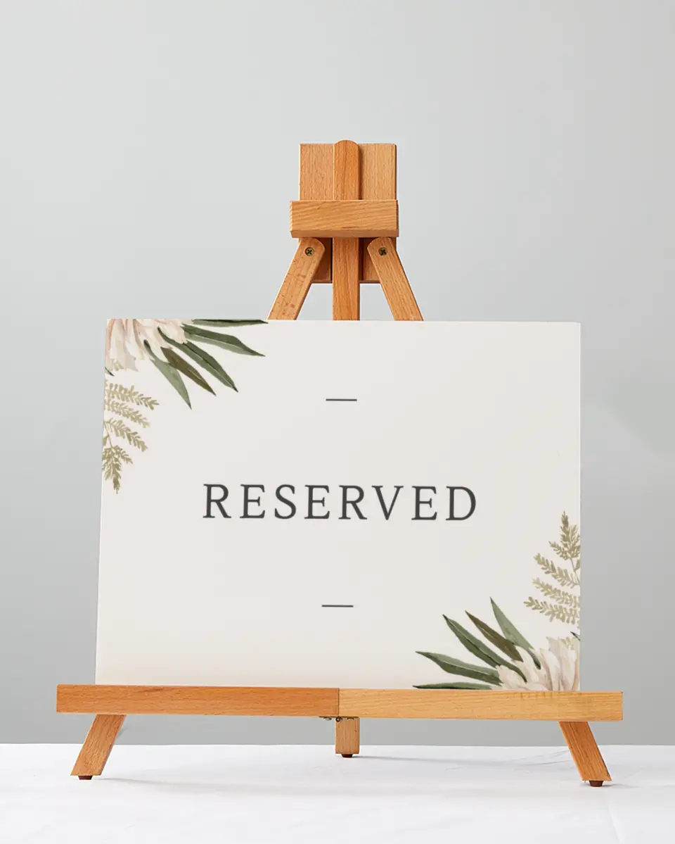 This is a 5" x 7" Reserved Seating Sign called Serene Flora printed in full color with Silver foil