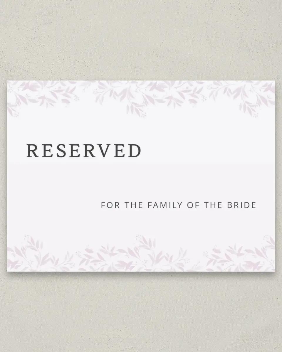 This is a 5" x 7" Reserved Seating Sign called Lush Leaves printed in full color with Silver foil