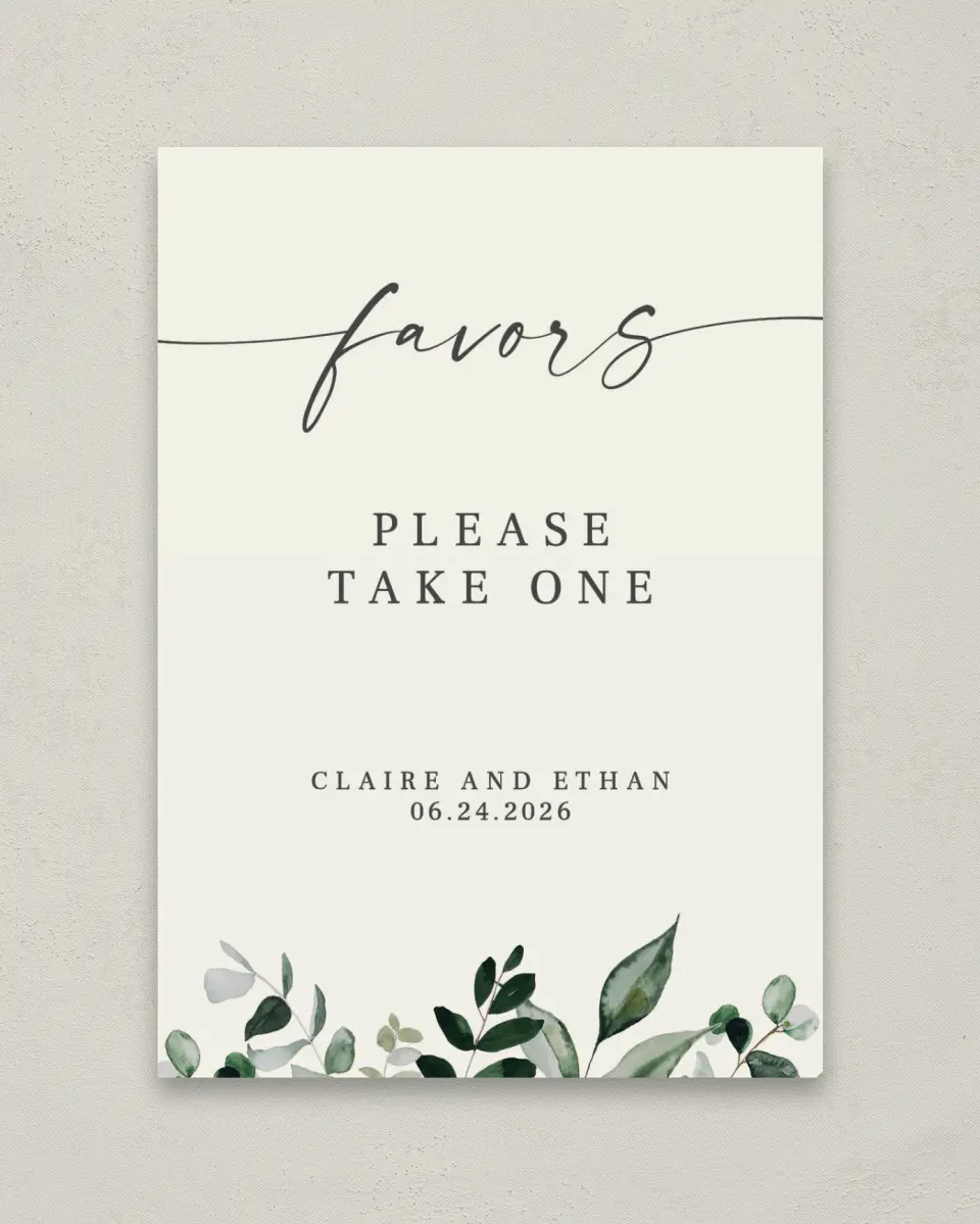 This is a 5" x 7" Favor Sign called Eucalyptus Greenery printed in full color with Gold foil