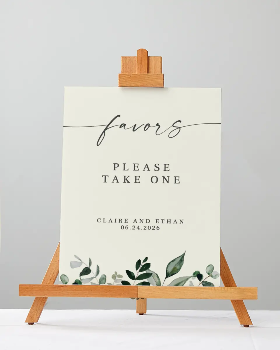 This is a 5" x 7" Favor Sign called Eucalyptus Greenery printed in full color