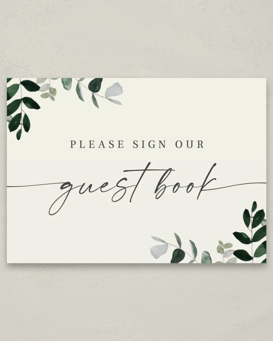 This is a 5" x 7" Guest Book Sign called Eucalyptus Greenery printed in full color